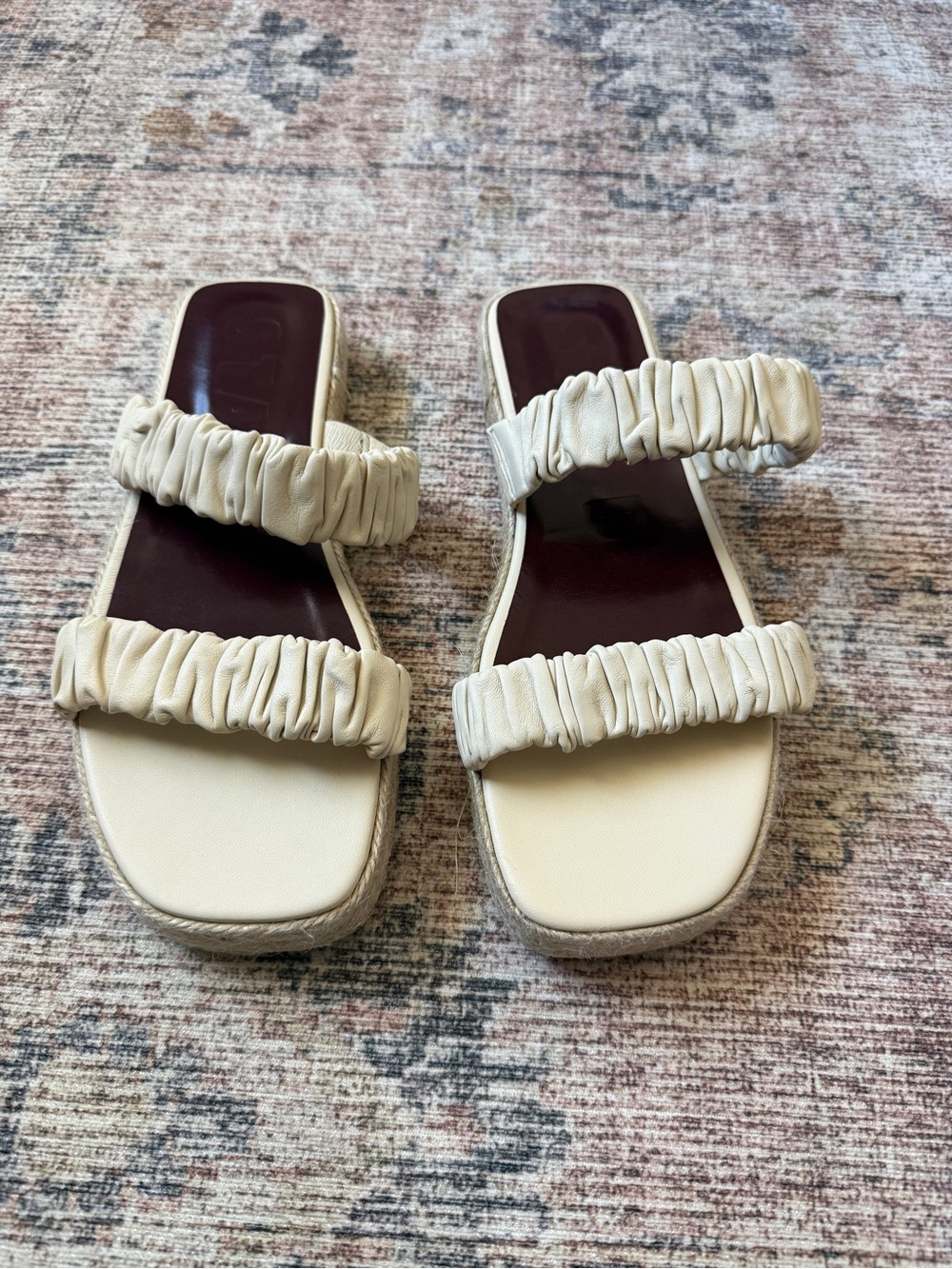 STAUD Cream Ruched Double-Strap Slide Sandals
